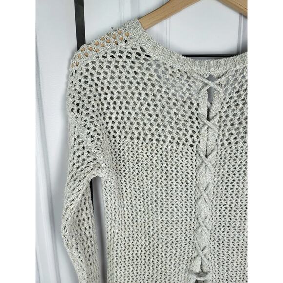 LUCKY BRAND LACE UP BEIGE CROCHET PULLOVER SWEATER - SIZE SMALL - Picture 4 of 8